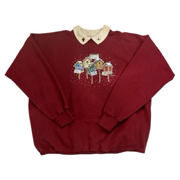 Vintage Morning Sun Red Sweater with Christmas Birdhouse Design - Picture 3 of 3